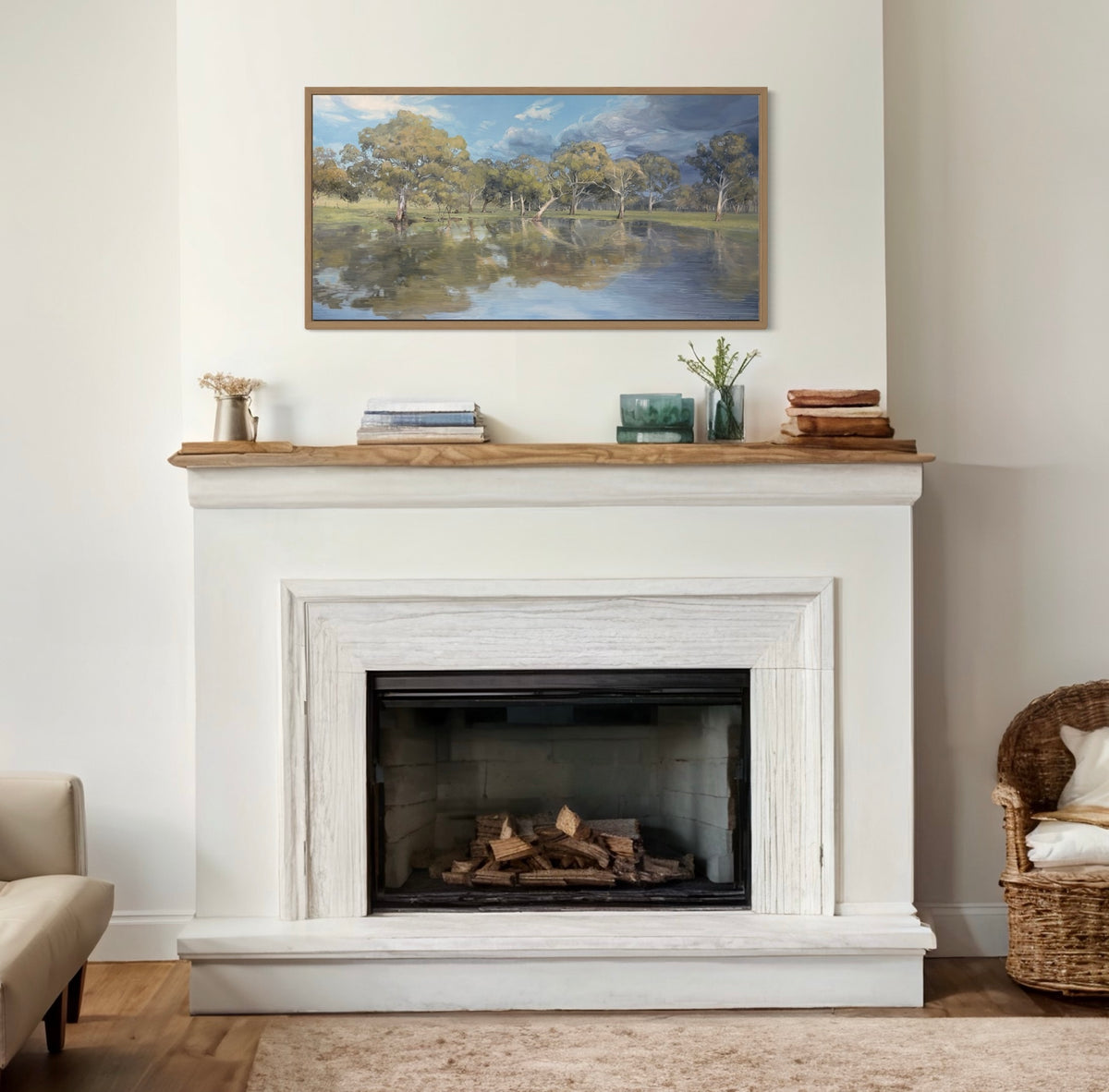 Original landscape painting by Jaime Prosser above a fireplace — bespoke fine art commission created for a private South Australian collection.