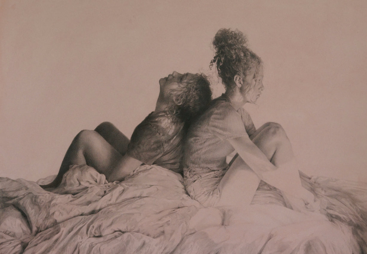 Fine art drawing by Australian artist Jaime Prosser depicting two sisters sitting back-to-back on a doona reflecting closeness, connection and intimacy yet distance.