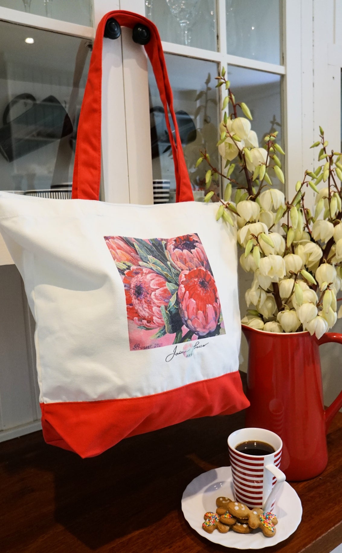 PINK & RED PROTEA FLOWERS - ART TOTE BAG