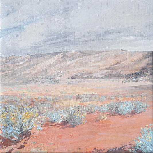 Desert and Blue Bush Landscape painting by Australian artist Jaime Prosser