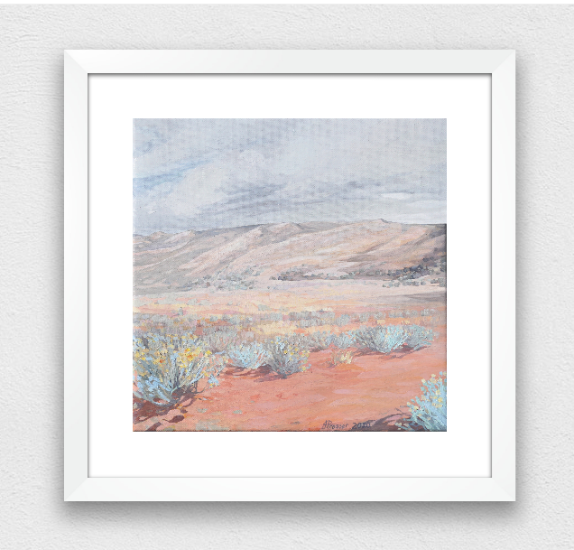 Australian artist Jaime Prosser framed painting titled 'Desert & Blue Bush Landscape'